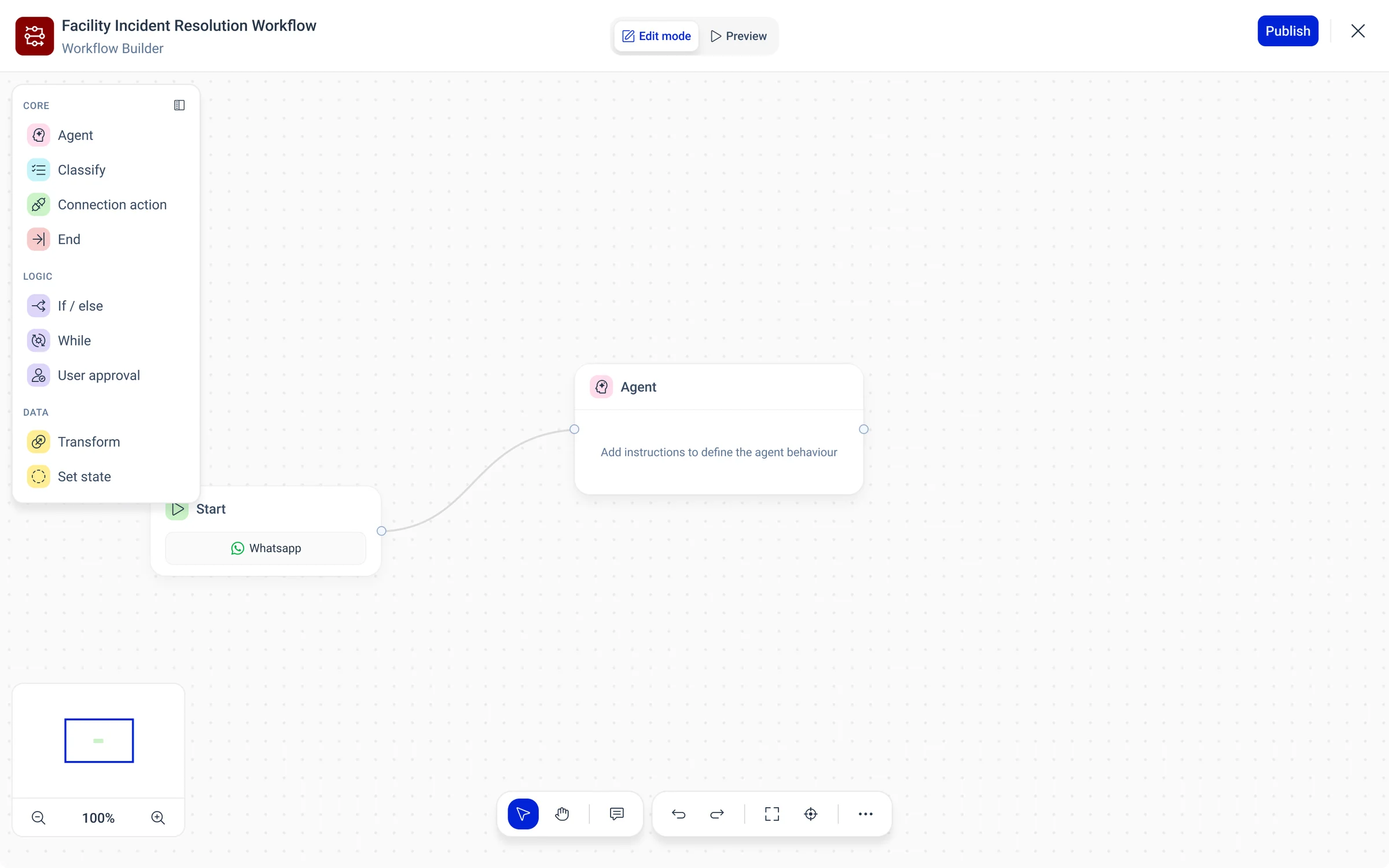 An Agent node just dropped on the canvas, connected to Start, with the placeholder "Add instructions to define the agent behaviour"