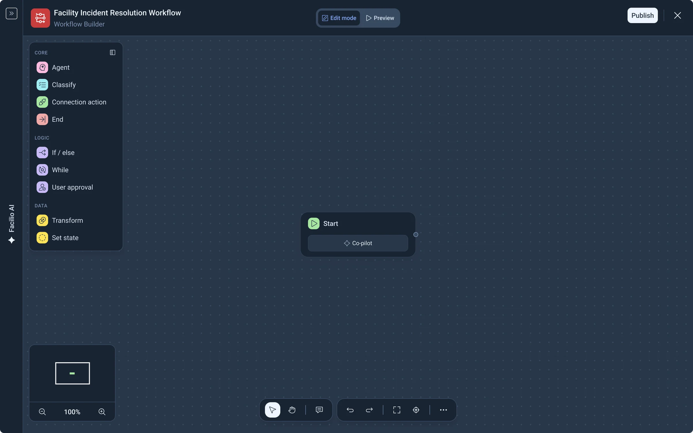 The same Agent screen in the dark theme: slate canvas, white cards and panel text
