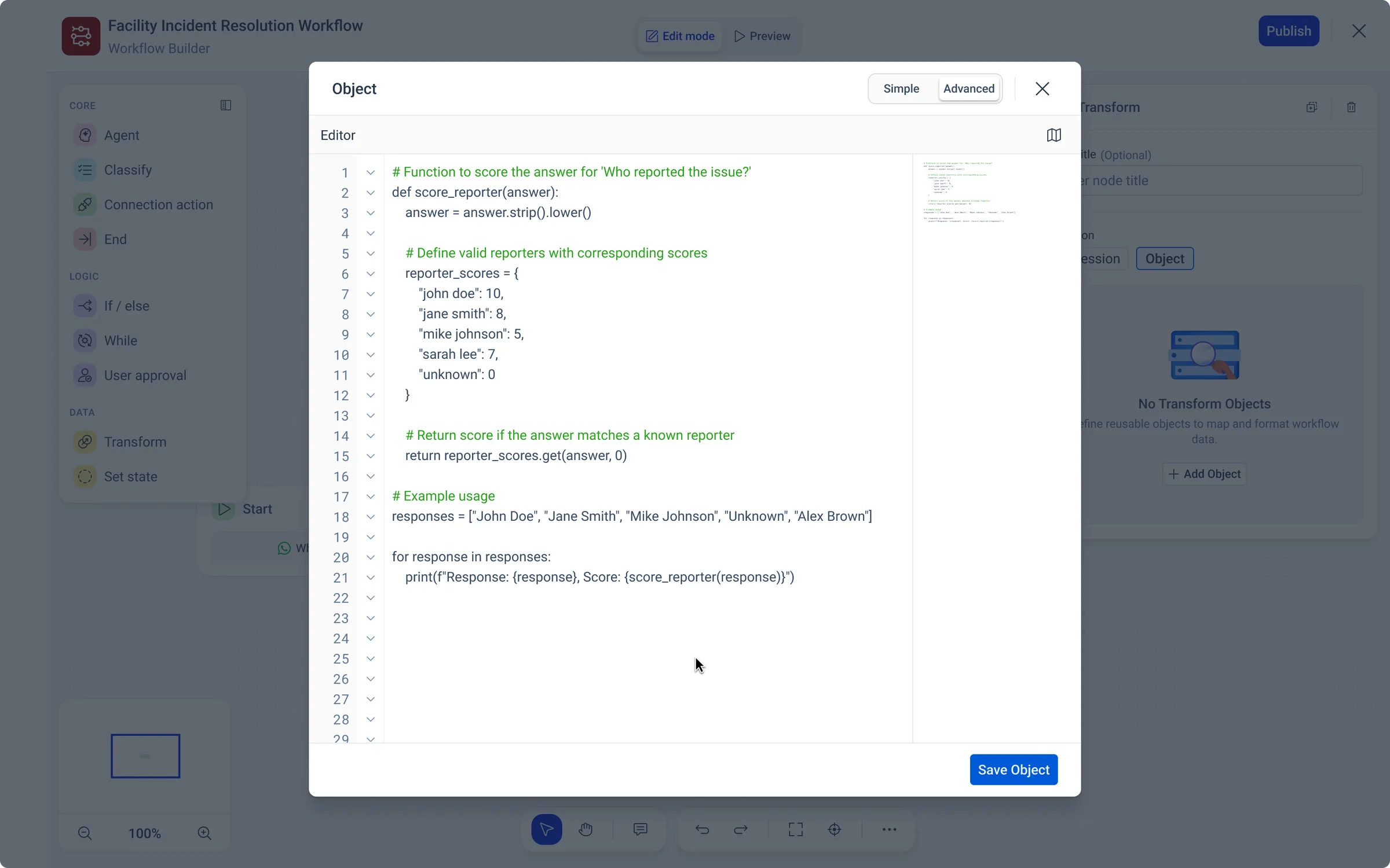 The Transform node based on an object: a full-screen code editor with Simple and Advanced tabs, line numbers, a minimap and a Save Object button