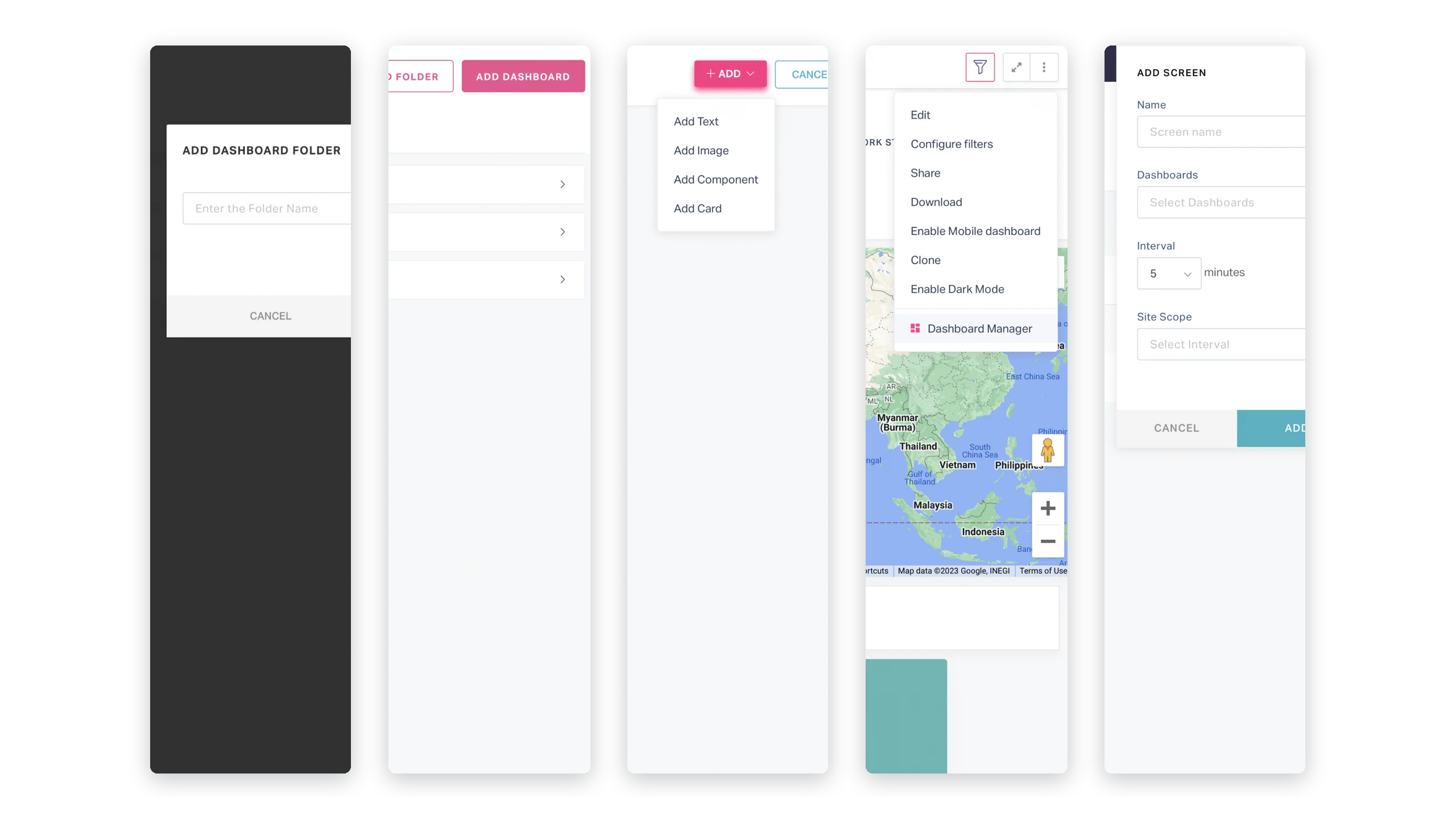Five V1 screens in a row: Add dashboard folder dialog, Add dashboard page, the Add menu, the kebab menu with Edit, Configure filters, Share and Download, and the Add screen form