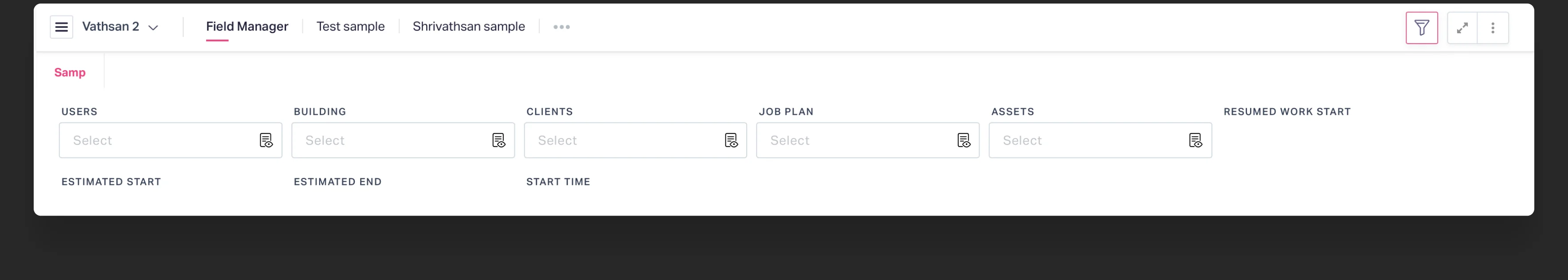 The V1 dashboard top bar: a dashboard switcher and tabs on the left, a filter icon, full-screen icon and kebab menu on the right, and a row of six filter fields beneath