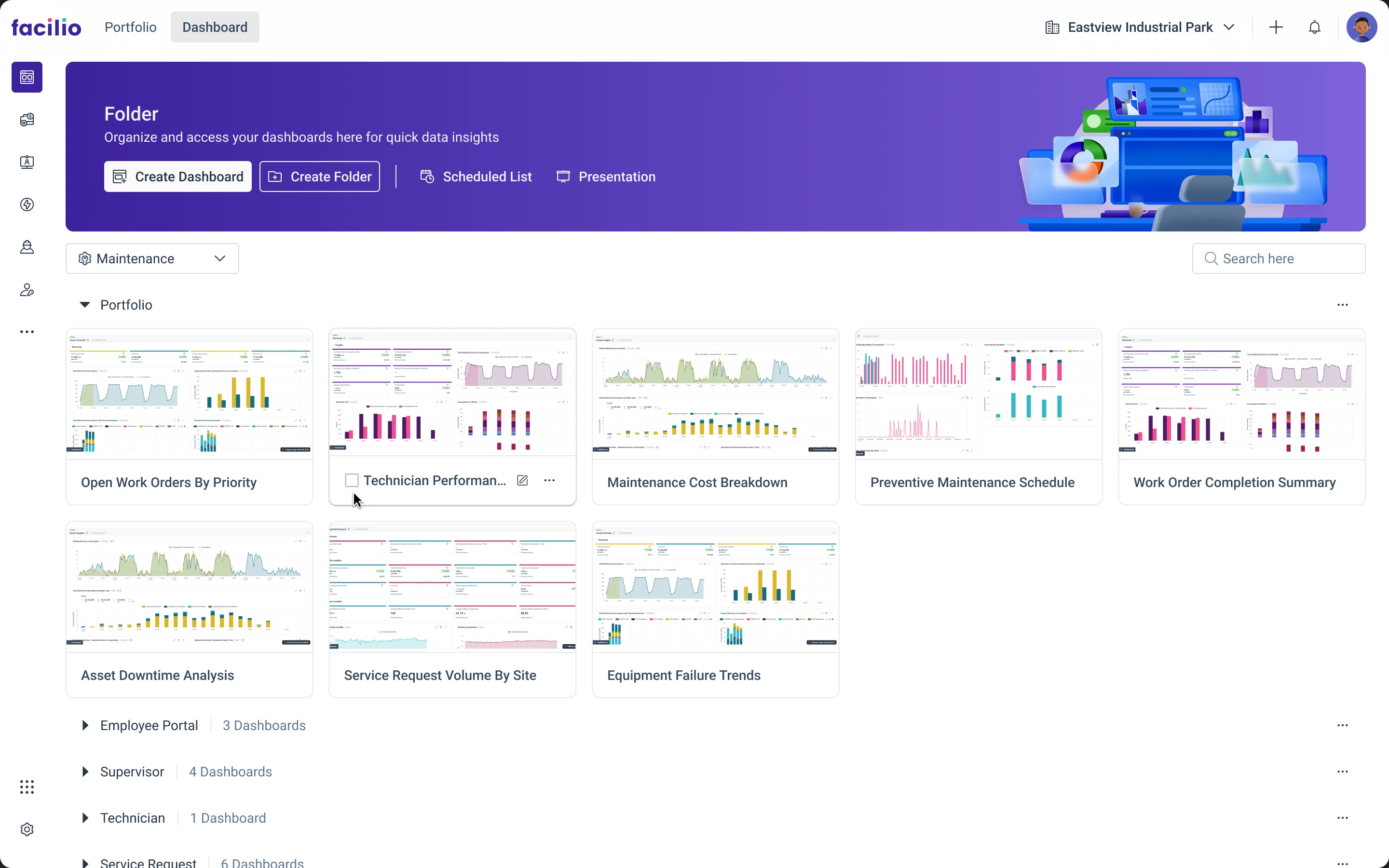 The redesigned folder page: a banner with Create Dashboard, Create Folder, Scheduled List and Presentation, a folder selector and search, dashboard preview cards and collapsed folders with their counts