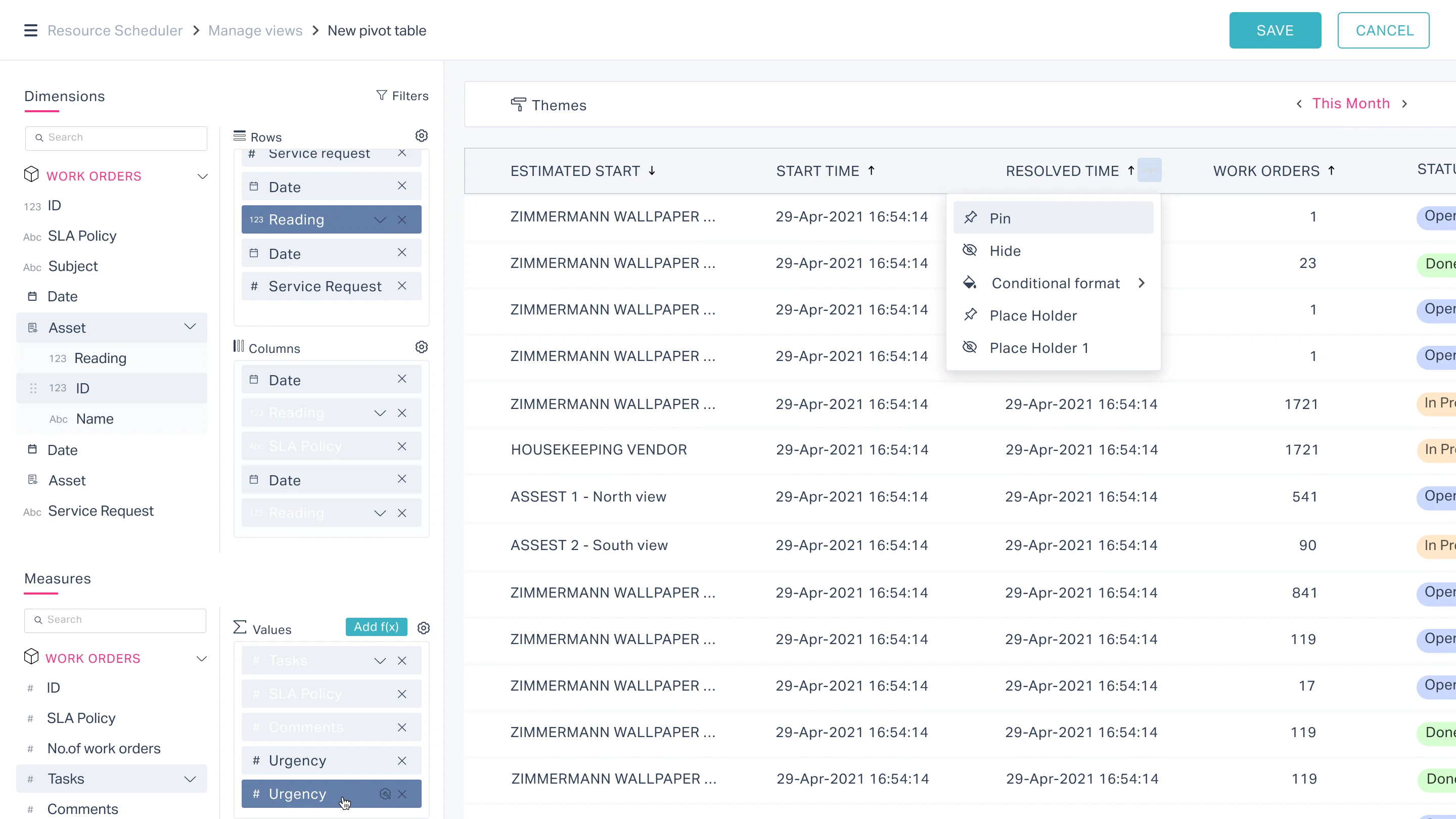 V1 with a column header menu open: Pin, Hide, Conditional format and two placeholder items, with Themes above the table and Filters at the top of the field panel