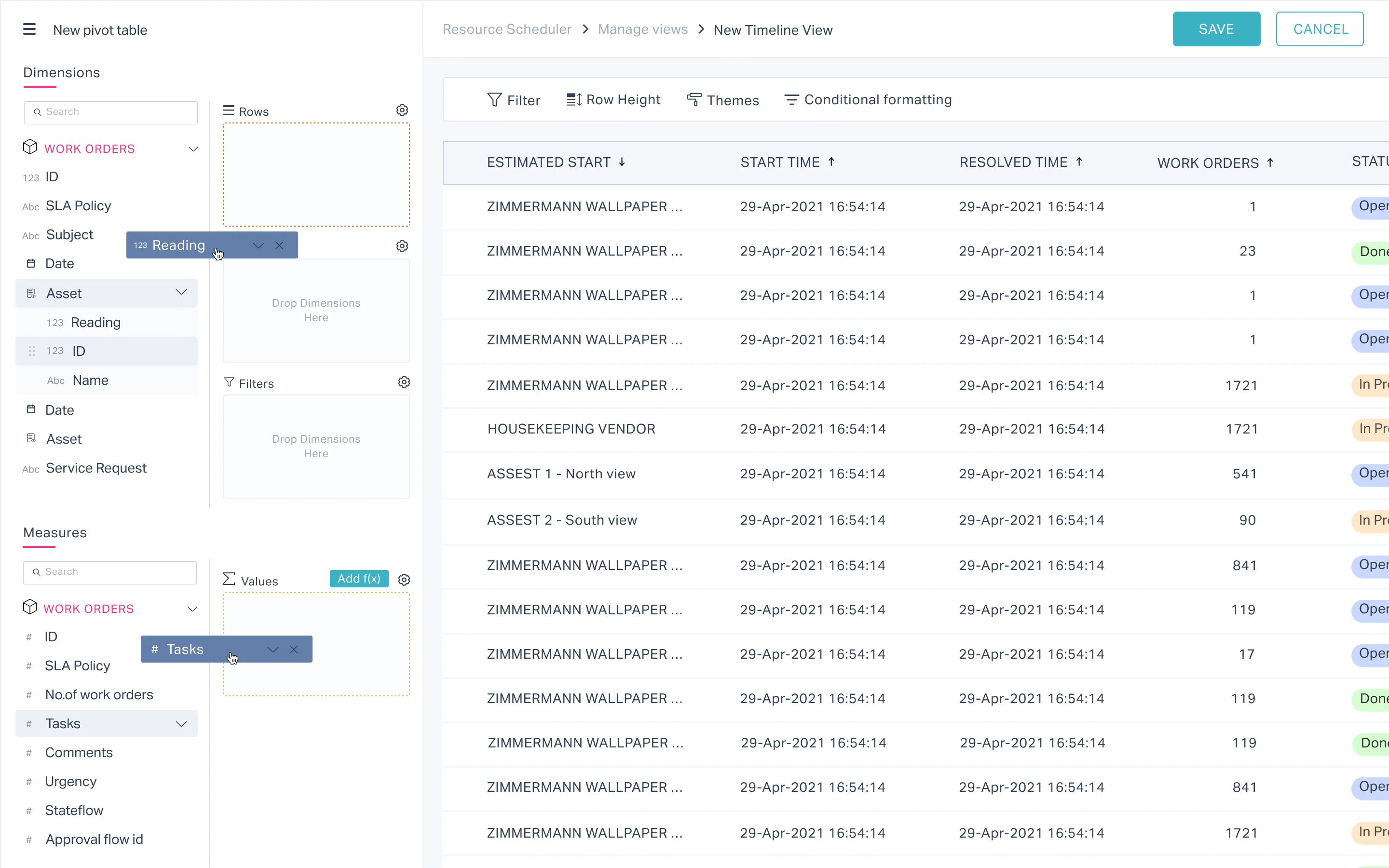 V1: dragging Reading and Tasks chips into the Rows and Values zones, with Filter, Row Height, Themes and Conditional formatting in a toolbar above the table