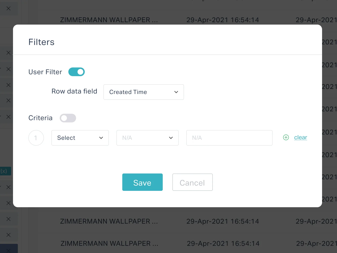 V1 Filters dialog over the table, with a User Filter toggle, a row data field and Criteria