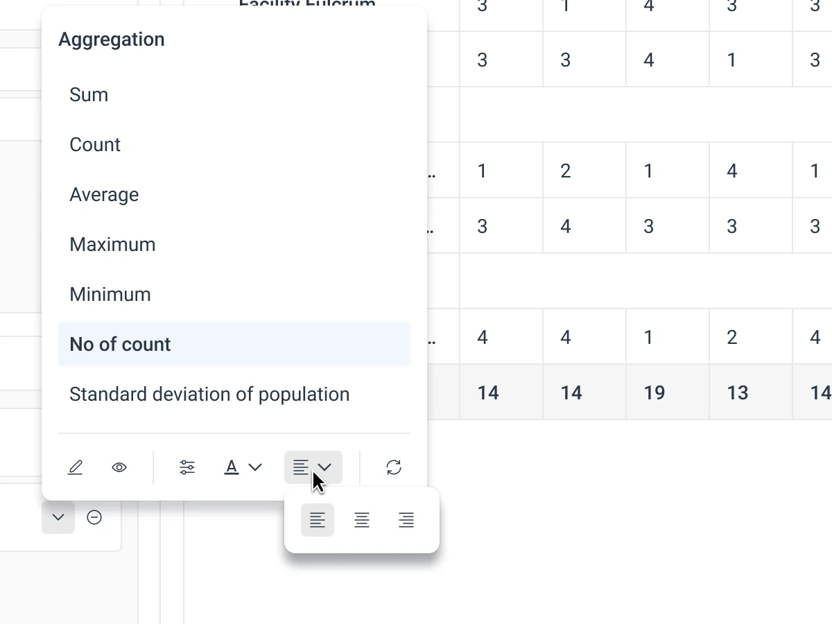 The alignment dropdown on a value menu: left, centre and right
