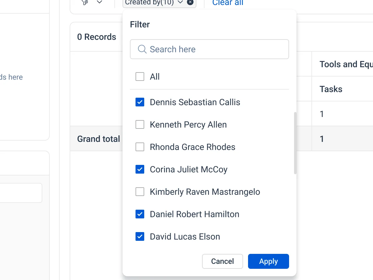 A Created by filter open from the bar: a search field and a checklist of names with Cancel and Apply
