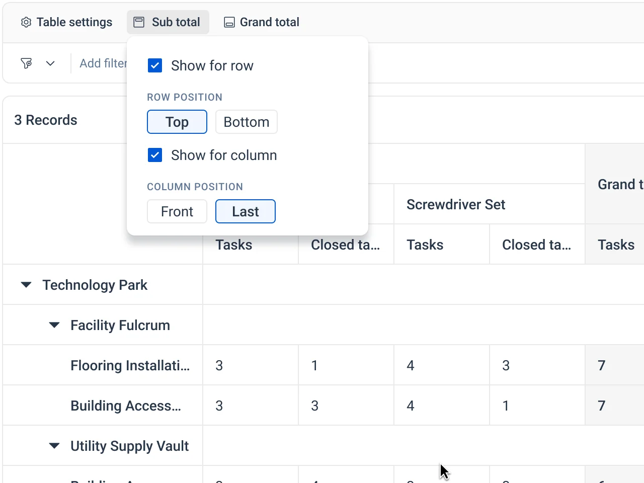 The Sub total menu: Show for row with Top or Bottom position, Show for column with Front or Last position, over a table with row groups