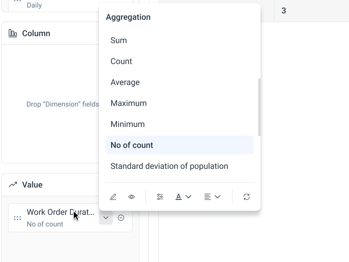 The options menu on a value field: an Aggregation list from Sum to Standard deviation, with a formatting toolbar below